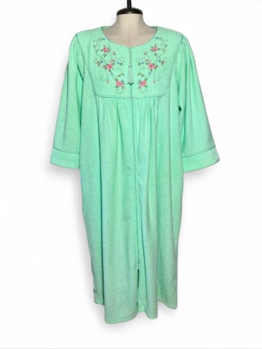 Fundamentals Mint Green Chenille Zip Front House Coat Robe Embroidered Floral XL